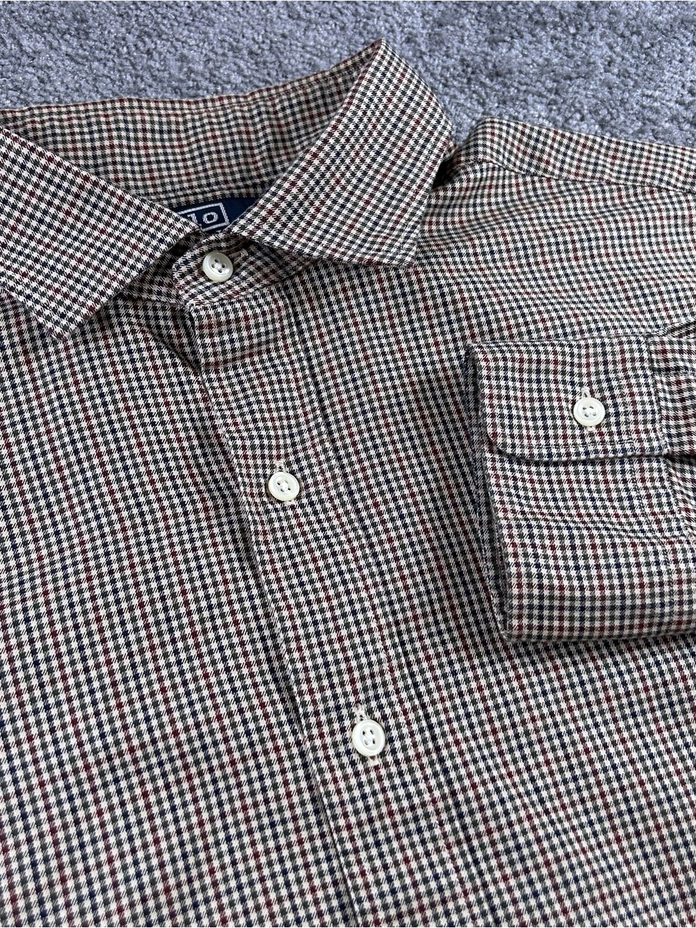 VTG Polo Ralph Lauren Men Shirt Estate Hong Kong Brown Check Houndstooth Spread